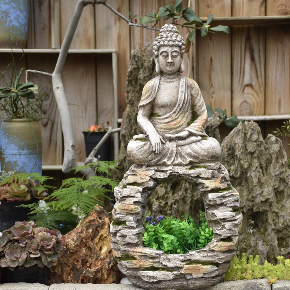 Questions and Answers for 22.2" Garden Buddha Statue Outdoor Gray Resin Sculpture Decor Art Flower Pot Planter