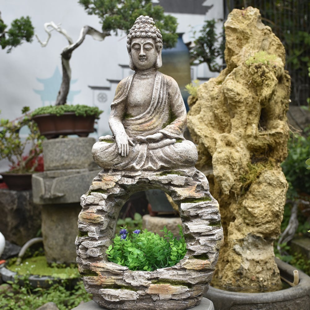 Questions and Answers for 22.2" Garden Buddha Statue Outdoor Gray Resin Sculpture Decor Art Flower Pot Planter