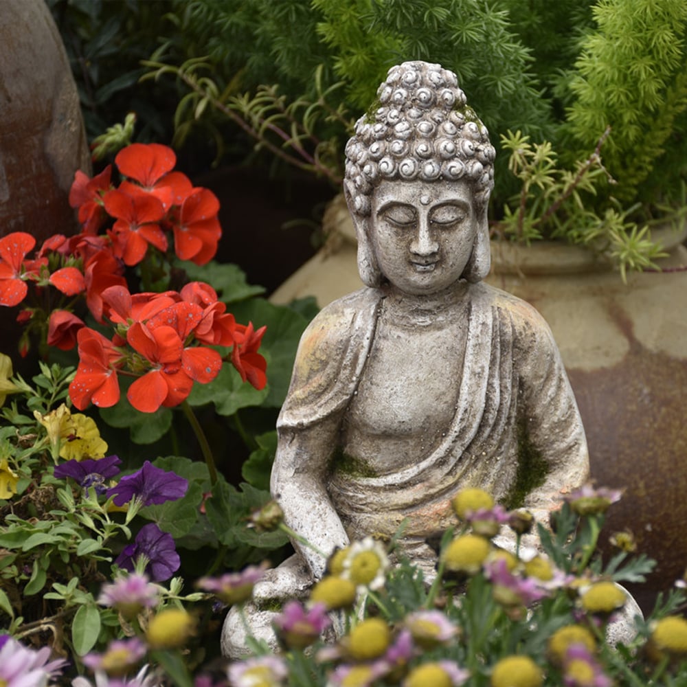 Questions and Answers for 22.2" Garden Buddha Statue Outdoor Gray Resin Sculpture Decor Art Flower Pot Planter