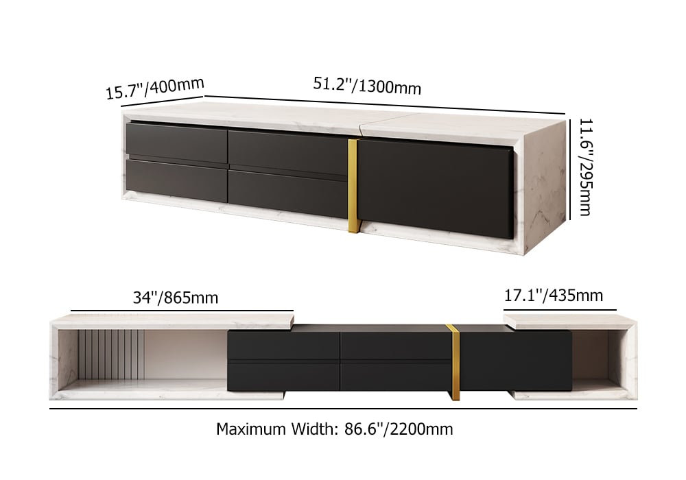51.2'' to 86.6'' Extendable TV Stand White & Black Corner Media Console with 2 Drawers weights dimensions image