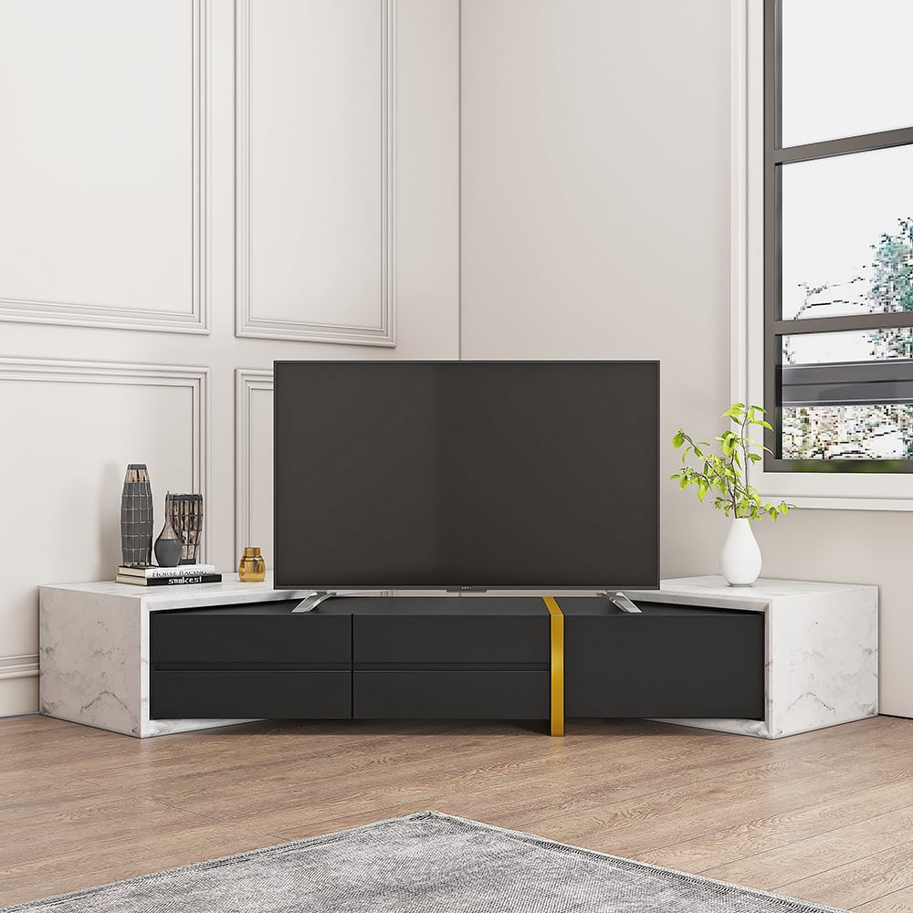 Questions and Answers for 51.2'' to 86.6'' Extendable TV Stand White & Black Corner Media Console with 2 Drawers