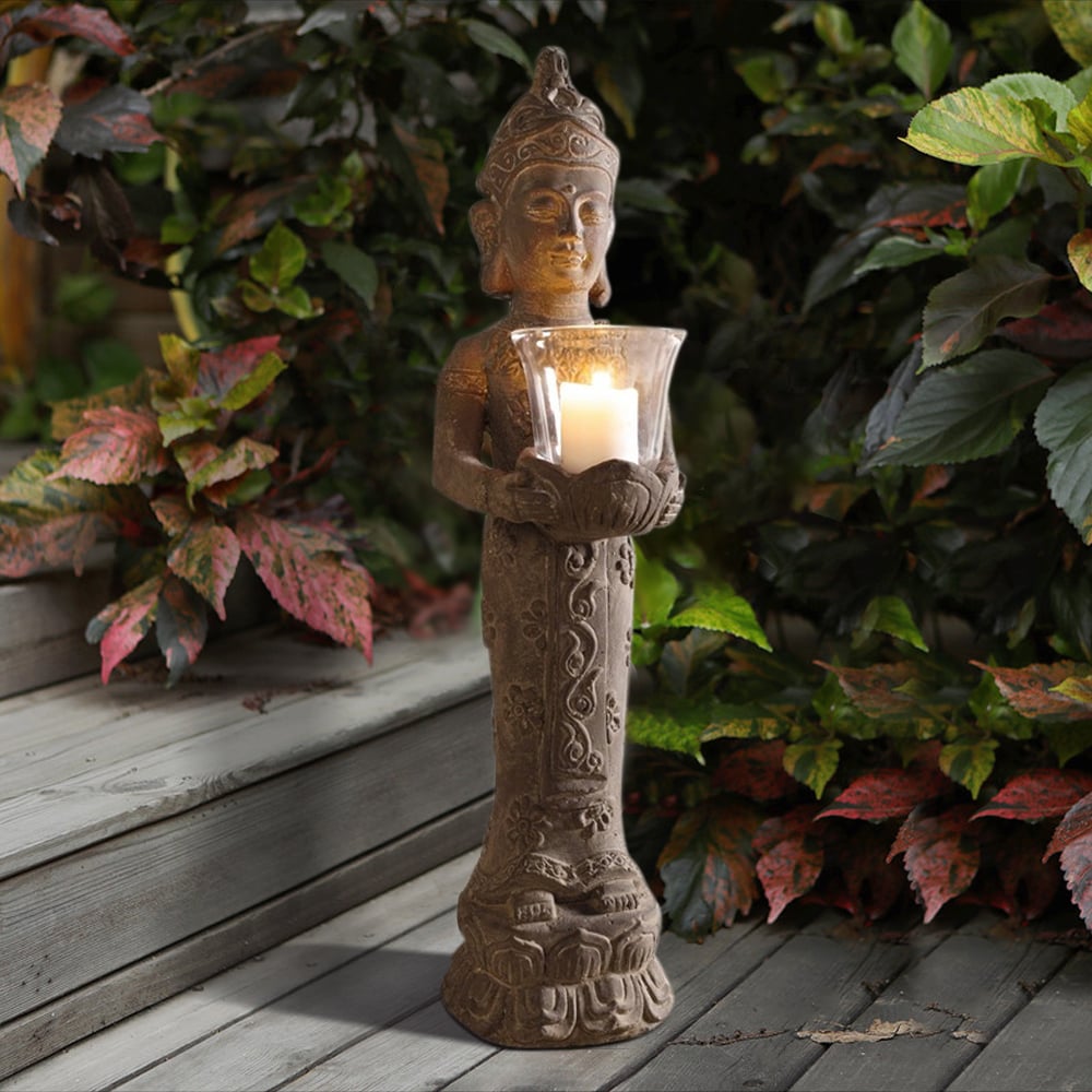 Questions and Answers for 555mm Brown Resin Garden Buddha Statue With Candle Holder Outdoor Sculpture Decor Art