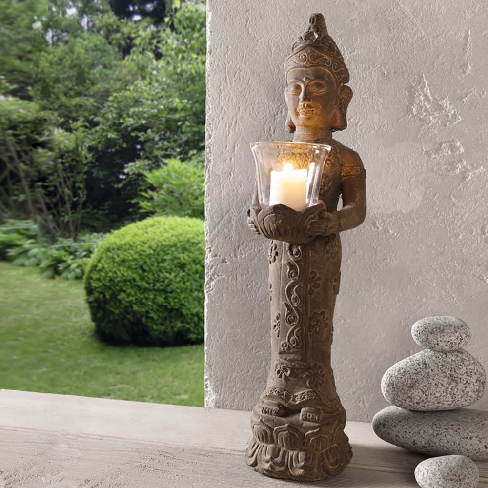 Questions and Answers for 555mm Brown Resin Garden Buddha Statue With Candle Holder Outdoor Sculpture Decor Art