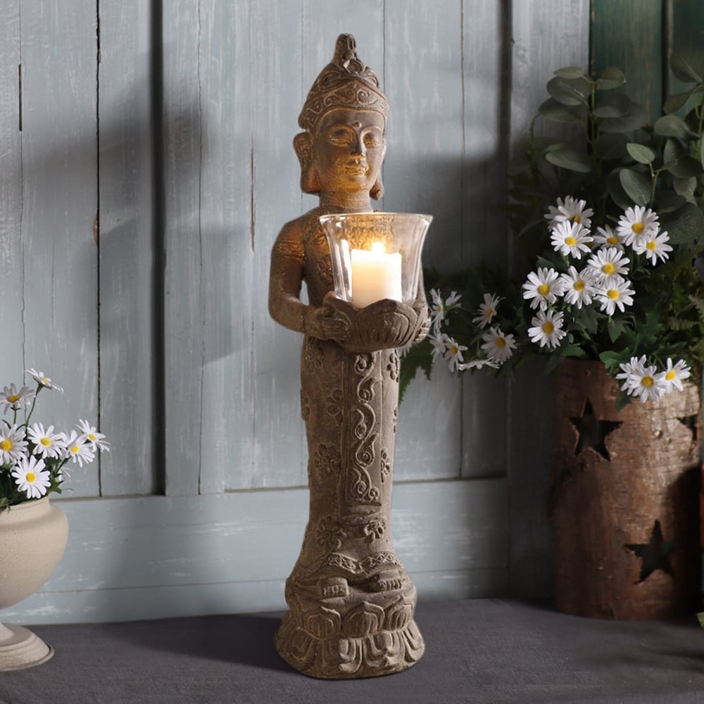 Questions and Answers for 555mm Brown Resin Garden Buddha Statue With Candle Holder Outdoor Sculpture Decor Art