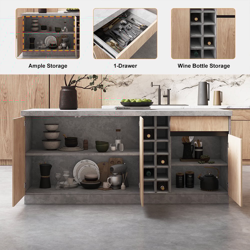 Questions et Réponses pour Îlot de cuisine Japandi en bois gris de 1830 mm avec bande lumineuse intégrée