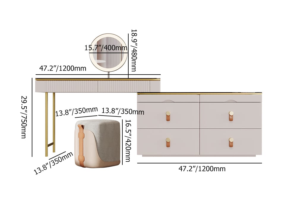 Chanor Modern Champagne Dresser Vanity Set Extendable Desk Vanity Combo Stool & Light weights dimensions image