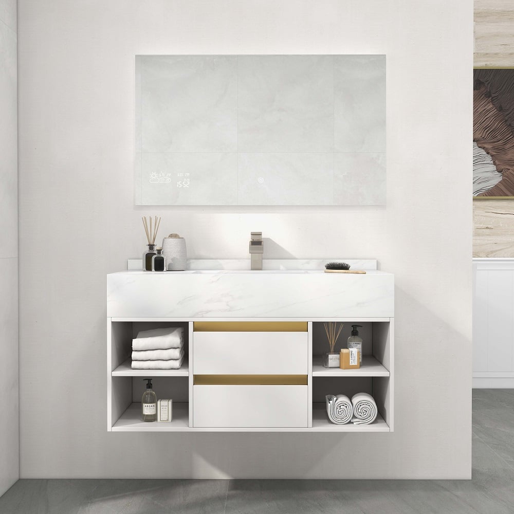 Questions and Answers for White floating vanity set with ceramic sink, 2 drawers and open shelves