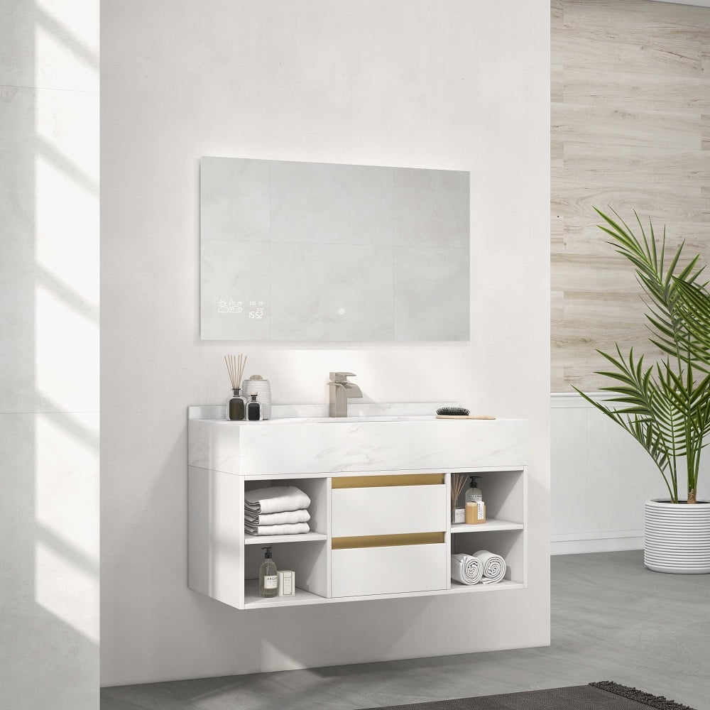 Questions and Answers for White floating vanity set with ceramic sink, 2 drawers and open shelves