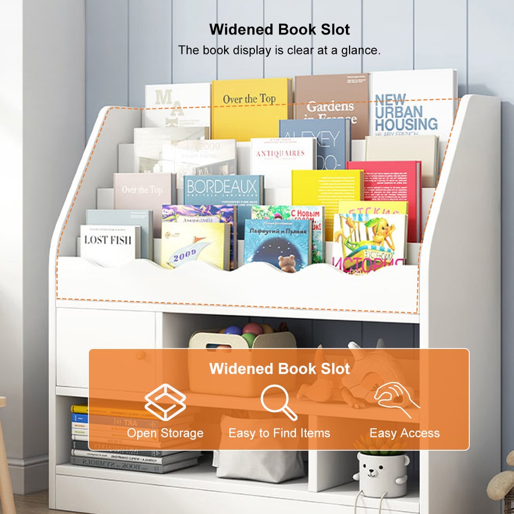 Questions and Answers for Modern White Kids Bookshelf Toy Storage Shelf in Manufacture Finish