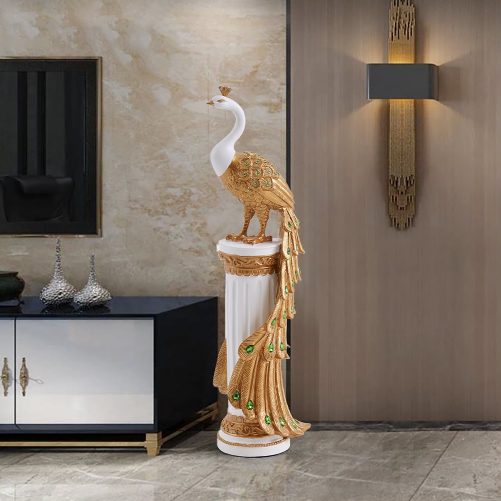 Pytania i odpowiedzi dla 27,6 „Duża rzeźba podłogowa Glam Peacock Art Decor Art Salon Sypialnia w kolorze białym i złotym