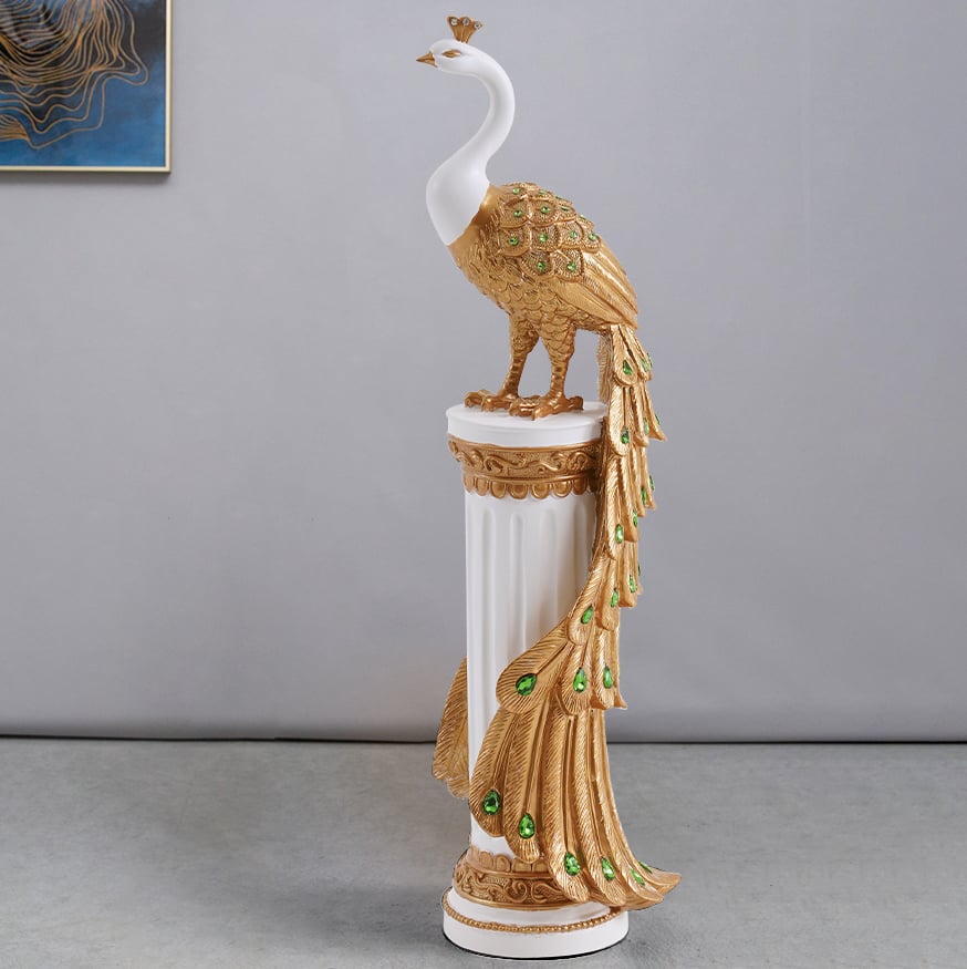 Pytania i odpowiedzi dla 27,6 „Duża rzeźba podłogowa Glam Peacock Art Decor Art Salon Sypialnia w kolorze białym i złotym