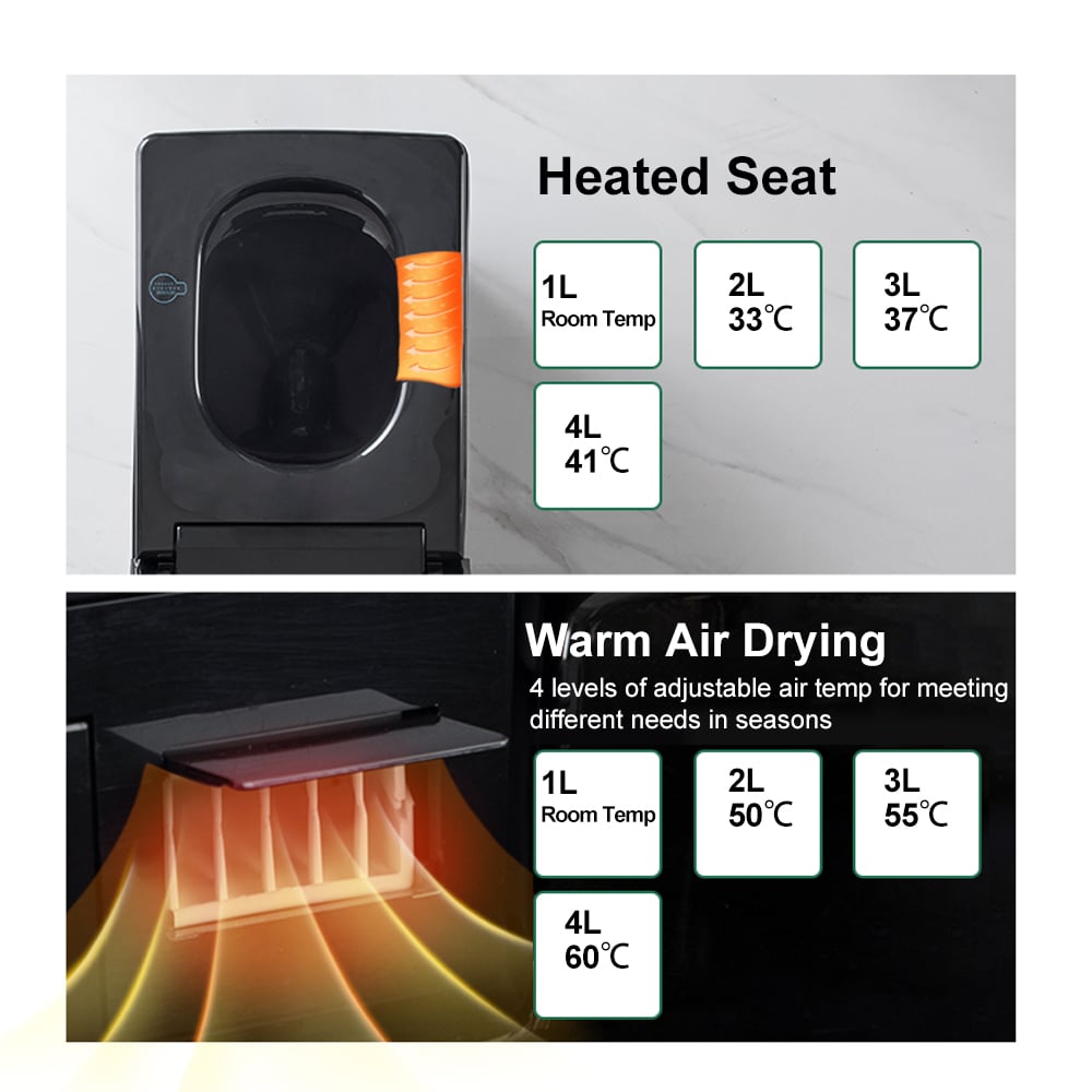 Questions et Réponses pour Toilette carrée monobloc intelligente noire avec télécommande et couvercle automatique