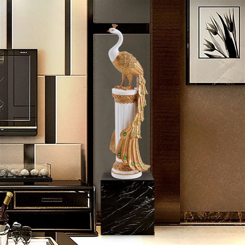 Pytania i odpowiedzi dla 27,6 „Duża rzeźba podłogowa Glam Peacock Art Decor Art Salon Sypialnia w kolorze białym i złotym