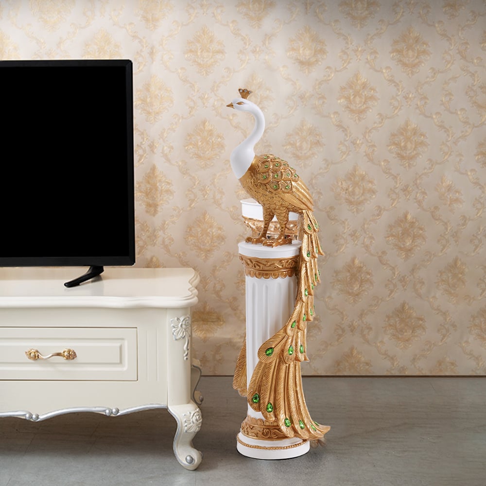 Pytania i odpowiedzi dla 27,6 „Duża rzeźba podłogowa Glam Peacock Art Decor Art Salon Sypialnia w kolorze białym i złotym
