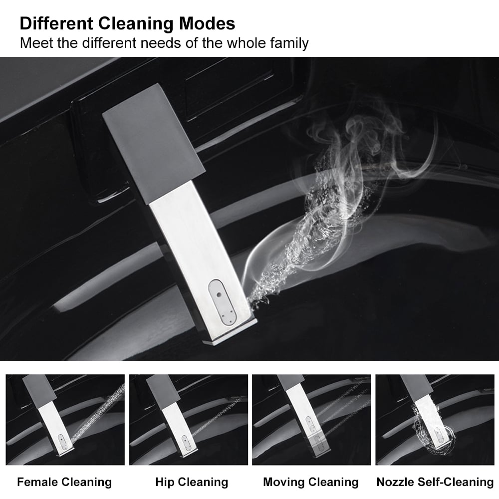 Questions et Réponses pour Toilette carrée monobloc intelligente noire avec télécommande et couvercle automatique