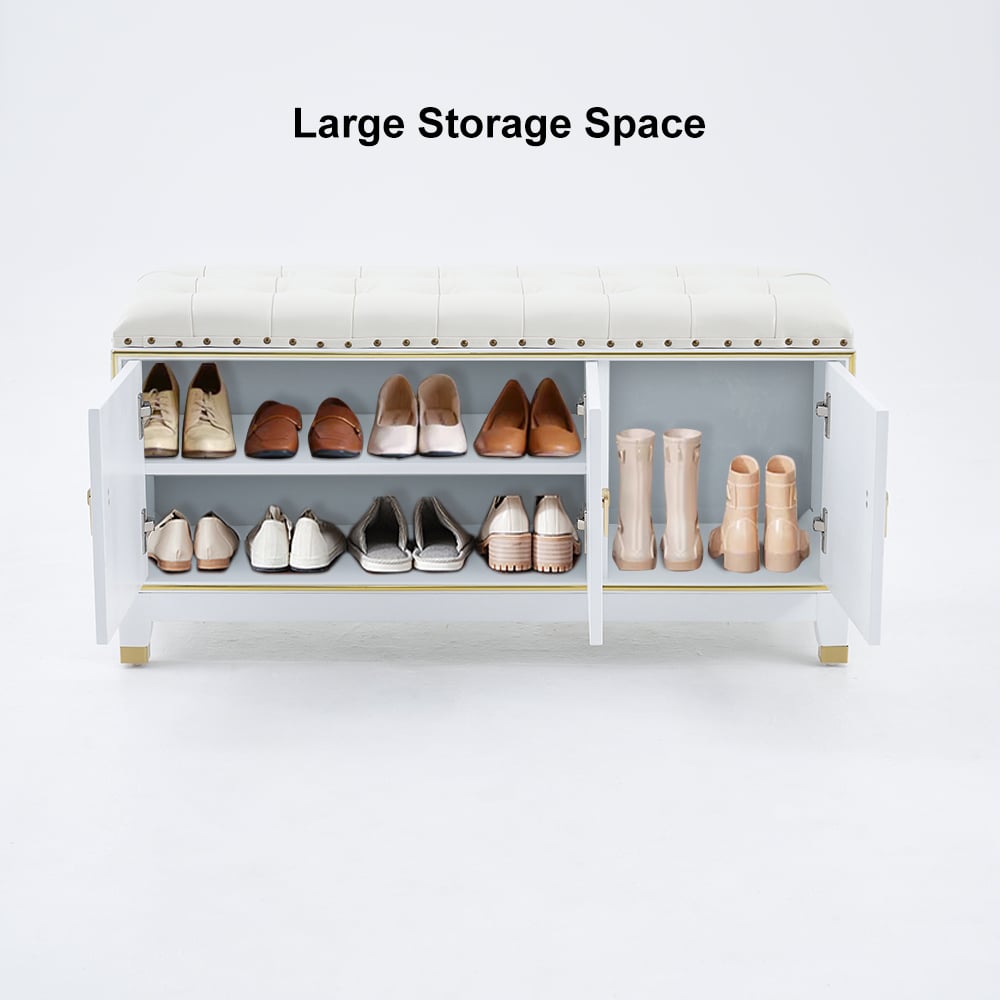 Otázky a odpovědi pro 39,4" čalouněná vstupní lavice z umělé kůže s úložnou skříní na boty 3dveřová