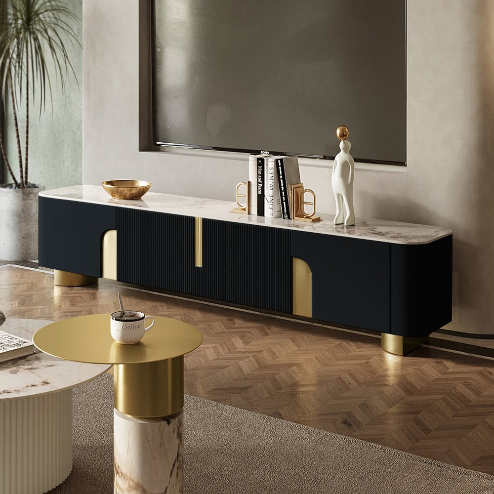 Pytania i odpowiedzi dla Szafka telewizyjna 2000 mm z czarnym kamiennym blatem, z 4 drzwiami i miejscem do przechowywania