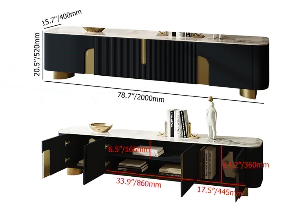 Artus Modern Black TV Stand Stone Top 4 Doors with Storage Media Console TVs up to 85" weights dimensions image