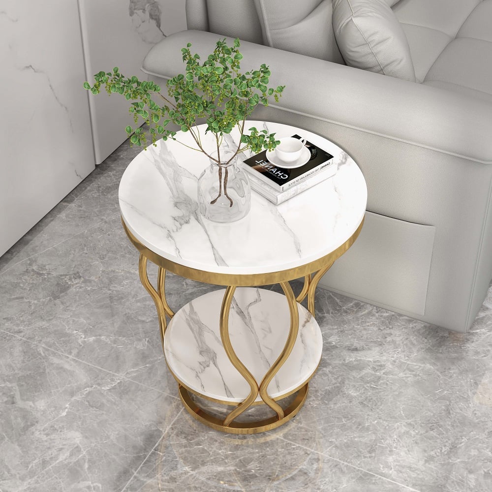 Questions and Answers for White Round Side Table with Storage Marble Top Metal Frame
