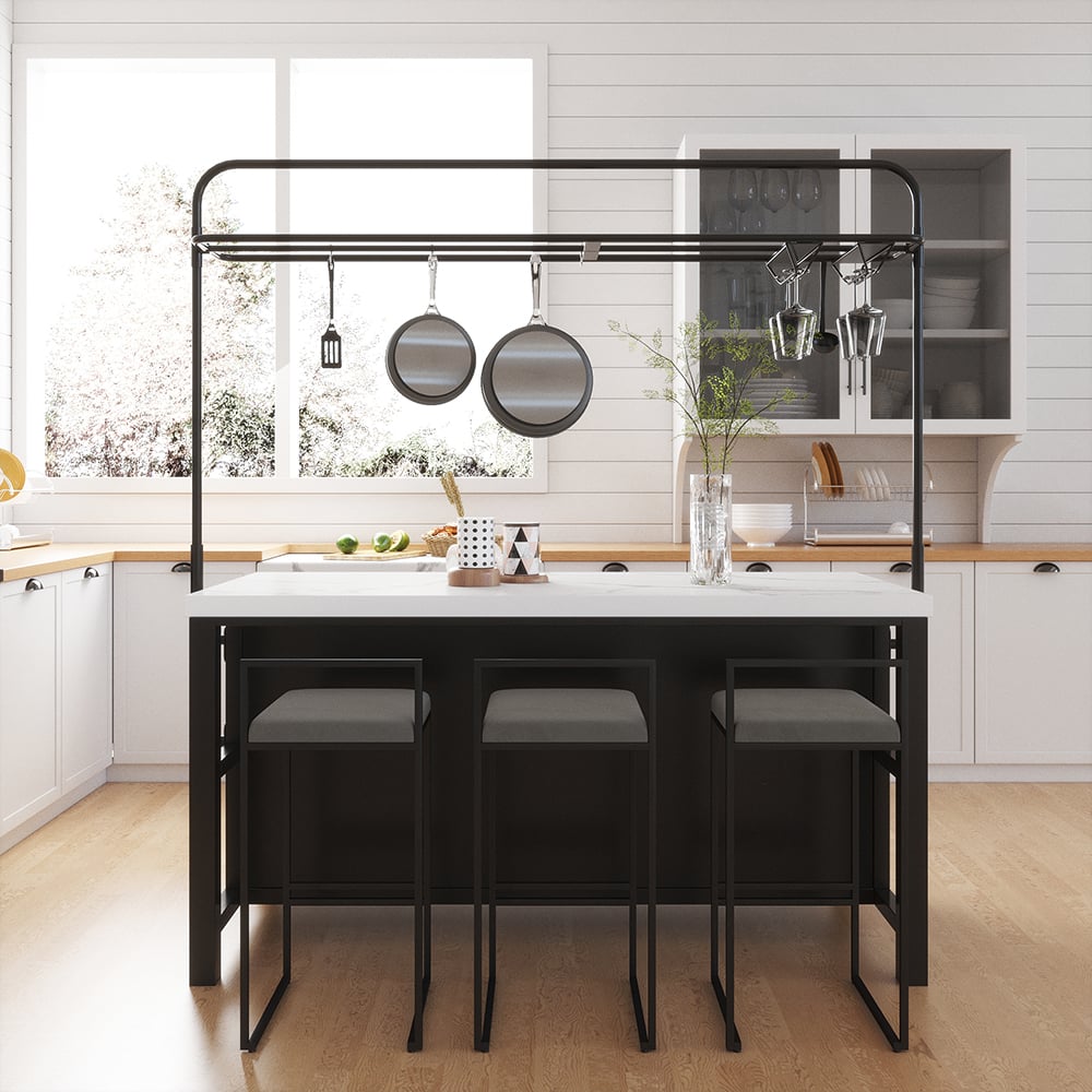 Questions and Answers for 1630mmm Black Kitchen lsland with Pot Rack Marble Pattern Kitchen Cabinet with Storage