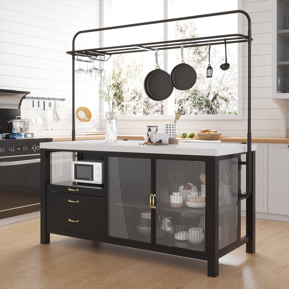 Questions and Answers for 1630mmm Black Kitchen lsland with Pot Rack Marble Pattern Kitchen Cabinet with Storage