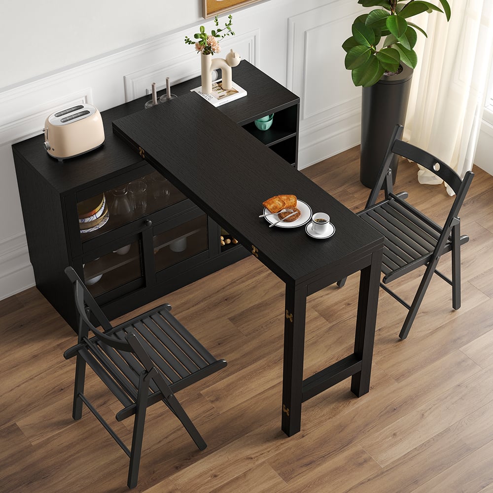 Questions et Réponses pour 1200mm Buffet de Rangement Noir Table à Manger Pliable en Bois Extensible