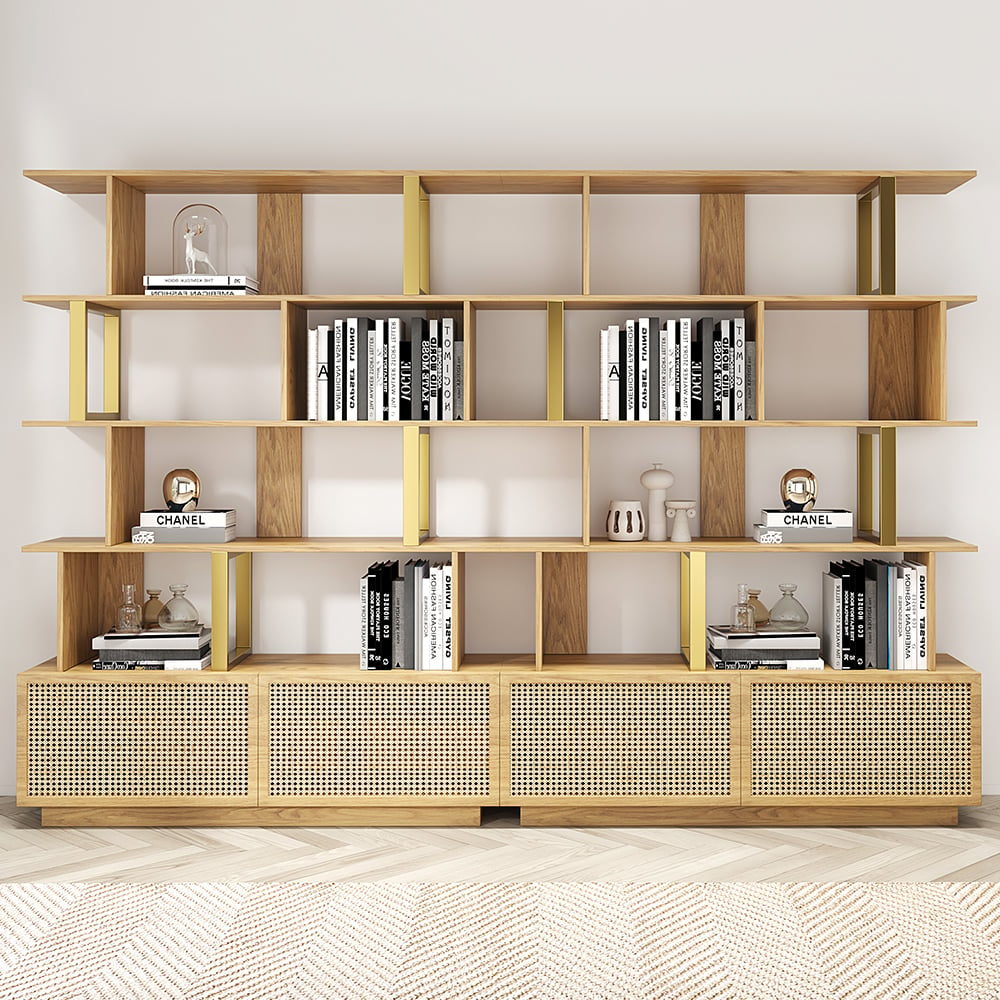 Questions and Answers for 5-Tier Natural Wood Bookshelf with 2 Doors Modern Bookcase in Gold Finish