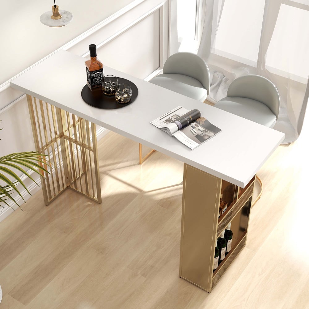 Domande e risposte per Tavolo alto moderno da 55,1 pollici in metallo bianco con ripiani e portaoggetti in oro