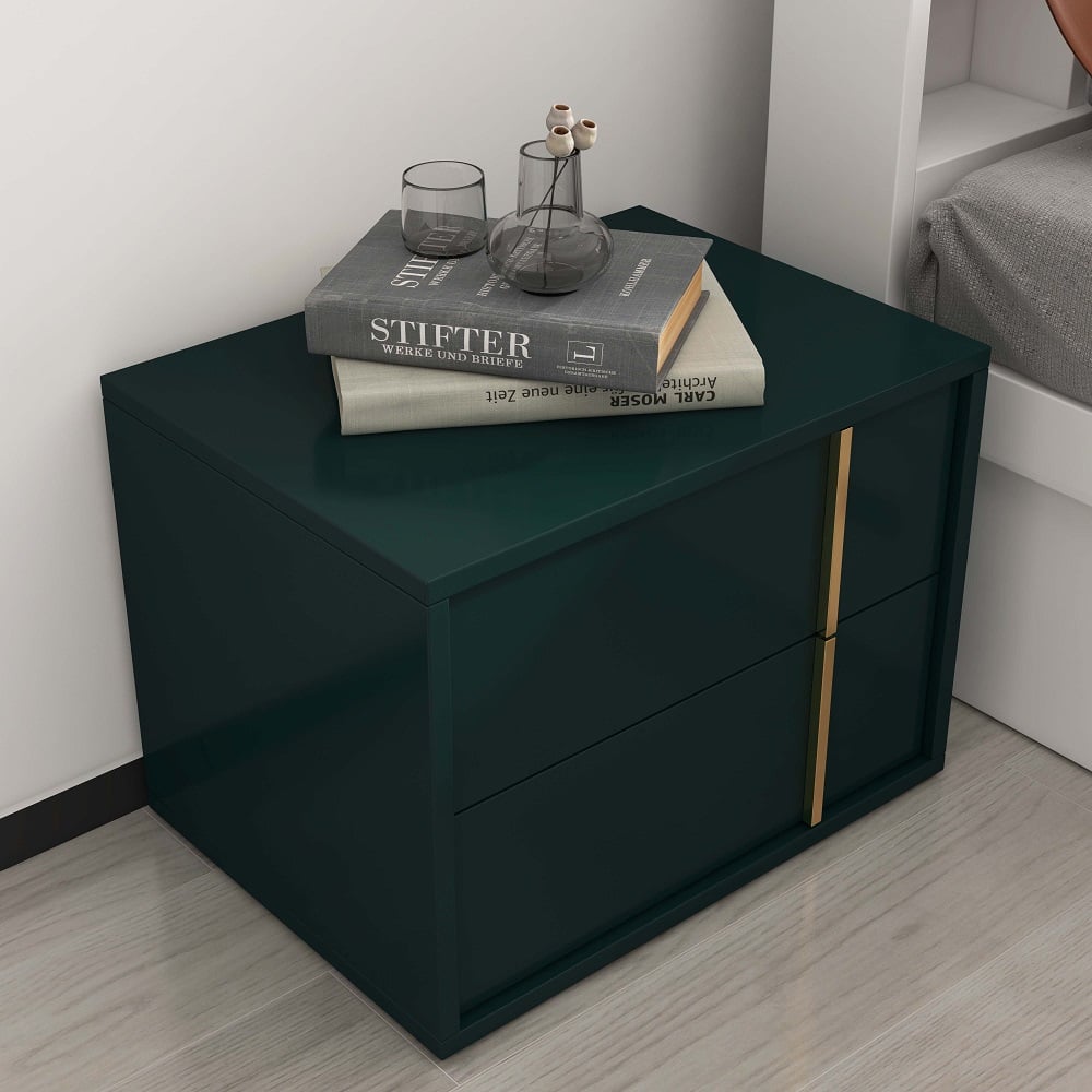 Otázky a odpovědi pro Zelený noční stolek vyrobený dřevěný noční stolek se 2 zásuvkami Zlaté pruhy