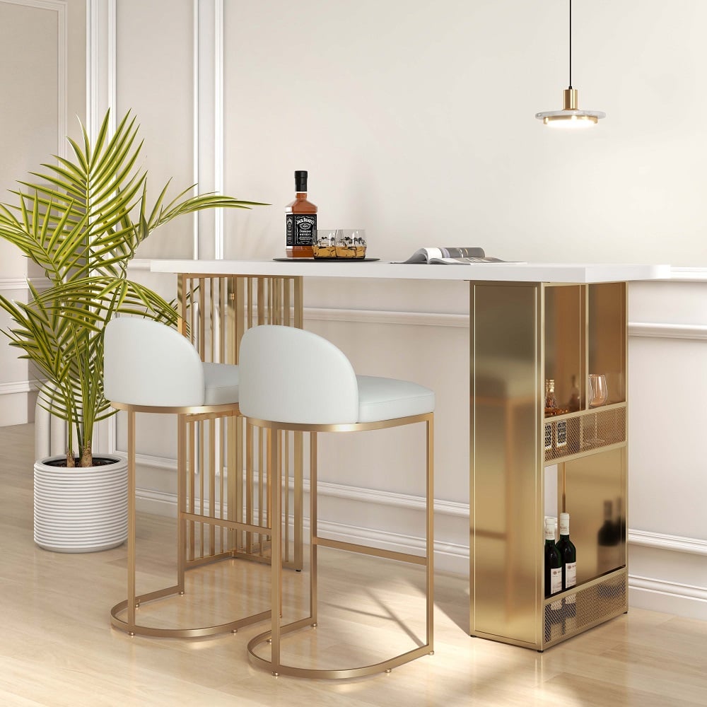 Domande e risposte per Tavolo alto moderno da 55,1 pollici in metallo bianco con ripiani e portaoggetti in oro