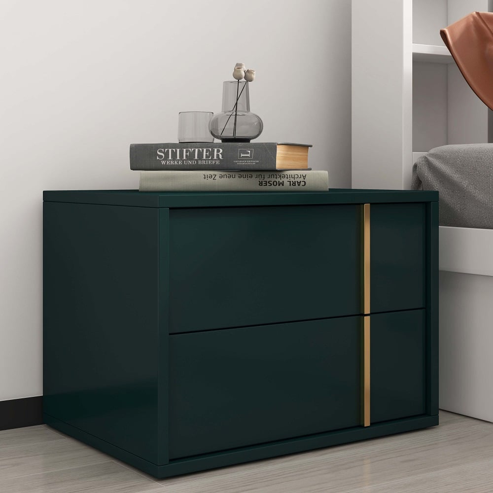 Otázky a odpovědi pro Zelený noční stolek vyrobený dřevěný noční stolek se 2 zásuvkami Zlaté pruhy