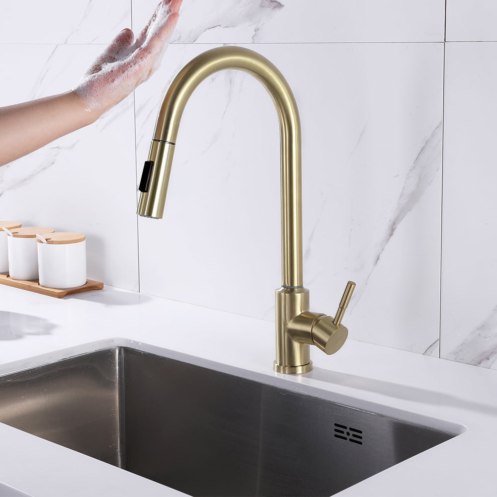 Otázky a odpovědi pro Dotyková kuchyňská baterie s vytahovacím postřikovačem z nerezové oceli s jednou rukojetí v kartáčovaném zlat