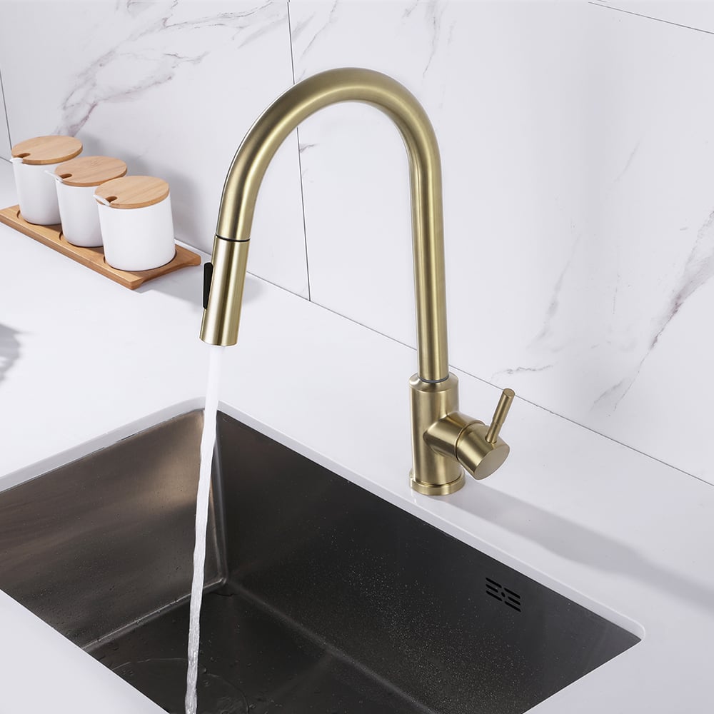 Otázky a odpovědi pro Dotyková kuchyňská baterie s vytahovacím postřikovačem z nerezové oceli s jednou rukojetí v kartáčovaném zlat
