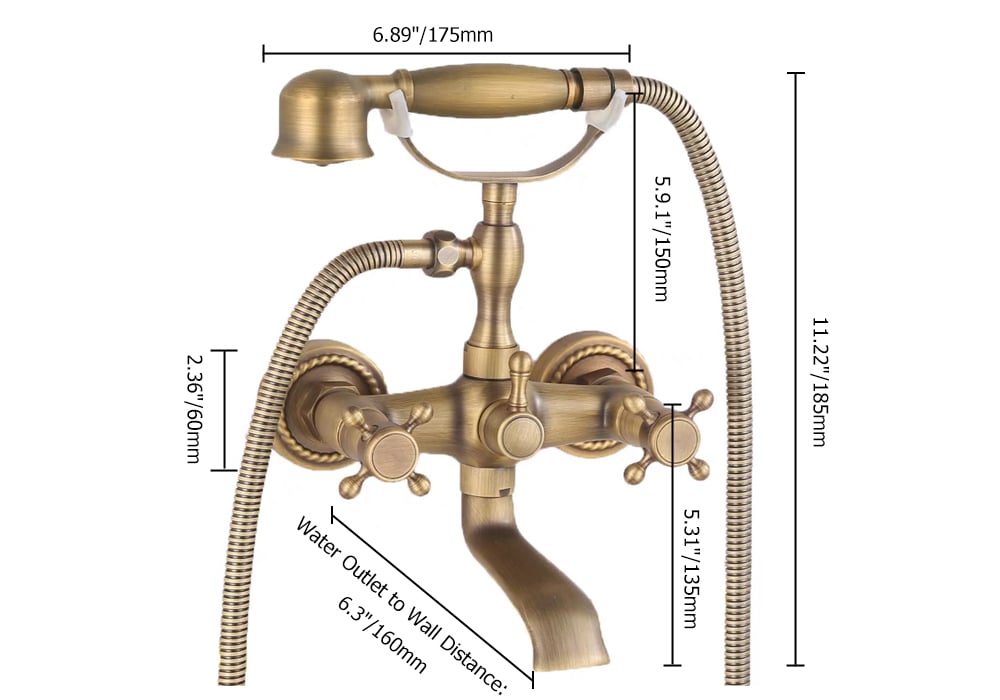 Chester Classic Style Antique Brass Wall Mount Clawfoot Tub Filler with Hand Shower weights dimensions image