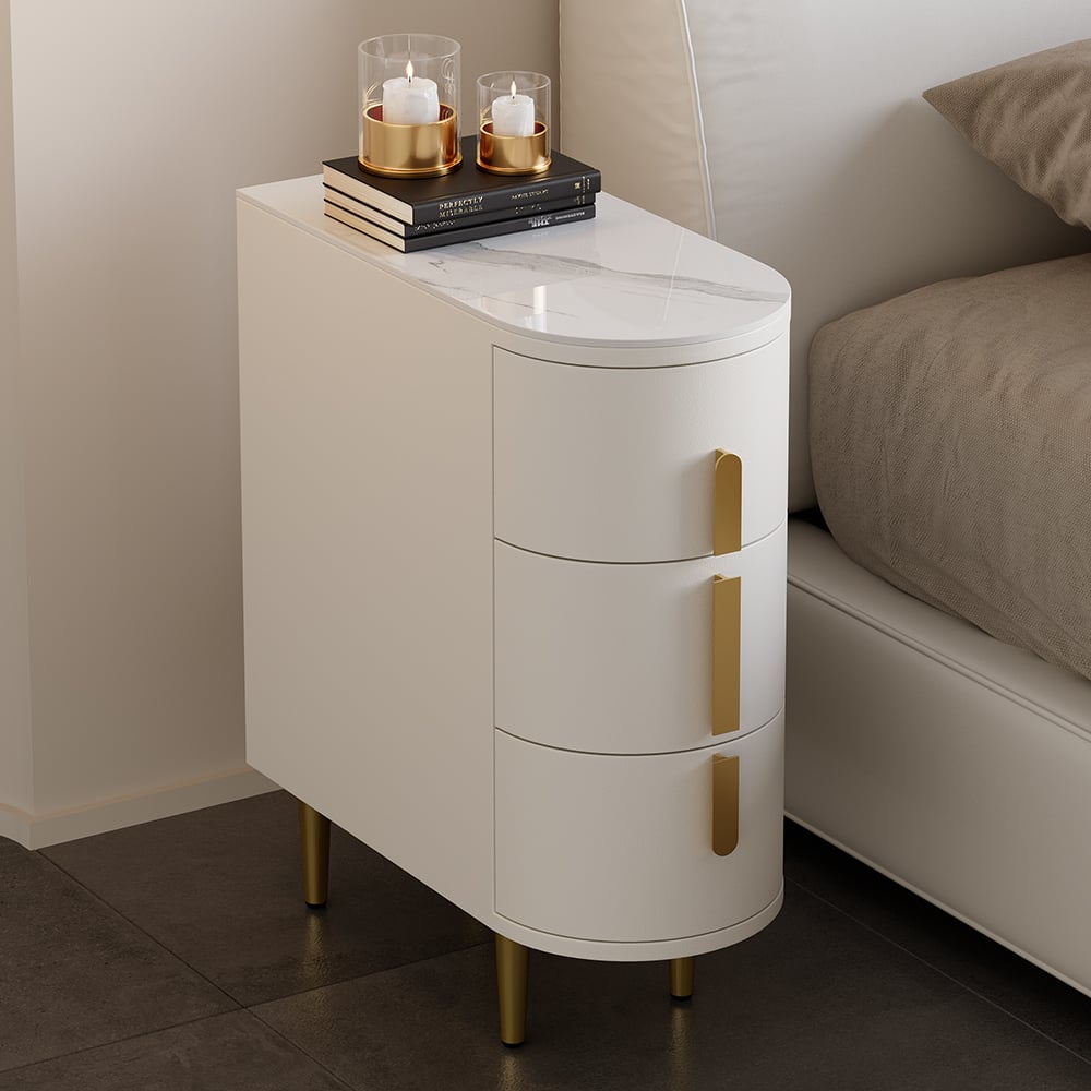 Avis Clients sur Table de chevet étroite en cuir à 3 tiroirs avec dessus en pierre frittée