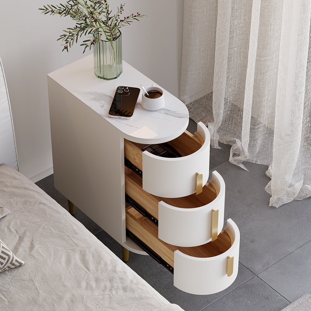 Avis Clients sur Table de chevet étroite en cuir à 3 tiroirs avec dessus en pierre frittée