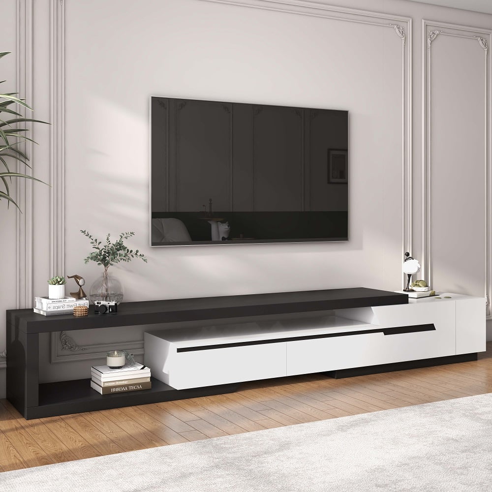 Vragen en antwoorden voor Pinkle modern uitschuifbaar tv-lowboard met boekenplank van 2740 mm tot 3470 mm