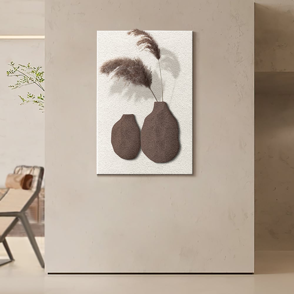 Perguntas e respostas para Arte geométrica abstrata de parede Japandi de 27,6", decoração de escultura em 3D com vaso em branco e marrom