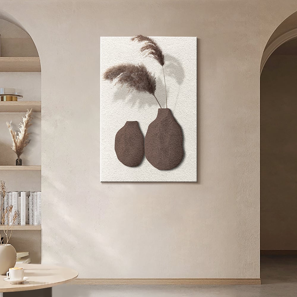 Perguntas e respostas para Arte geométrica abstrata de parede Japandi de 27,6", decoração de escultura em 3D com vaso em branco e marrom