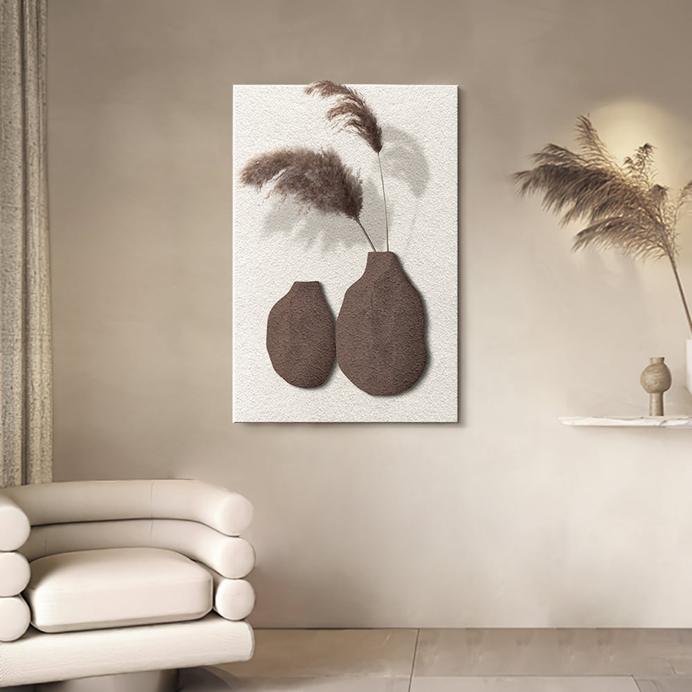 Perguntas e respostas para Arte geométrica abstrata de parede Japandi de 27,6", decoração de escultura em 3D com vaso em branco e marrom