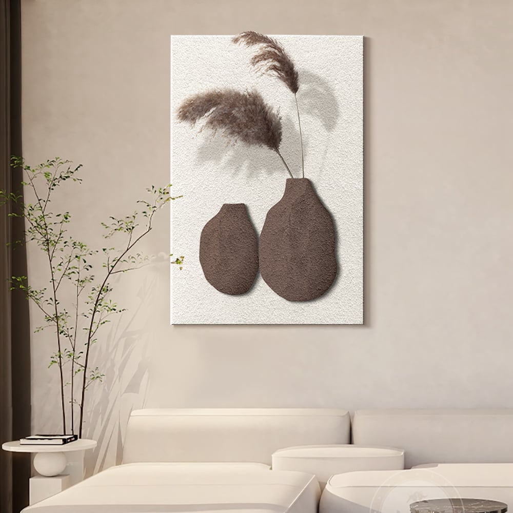 Perguntas e respostas para Arte geométrica abstrata de parede Japandi de 27,6", decoração de escultura em 3D com vaso em branco e marrom