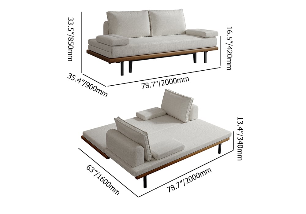 79" Queen 3-Seater Linen Convertible Futon Bed with Pillows weights dimensions image