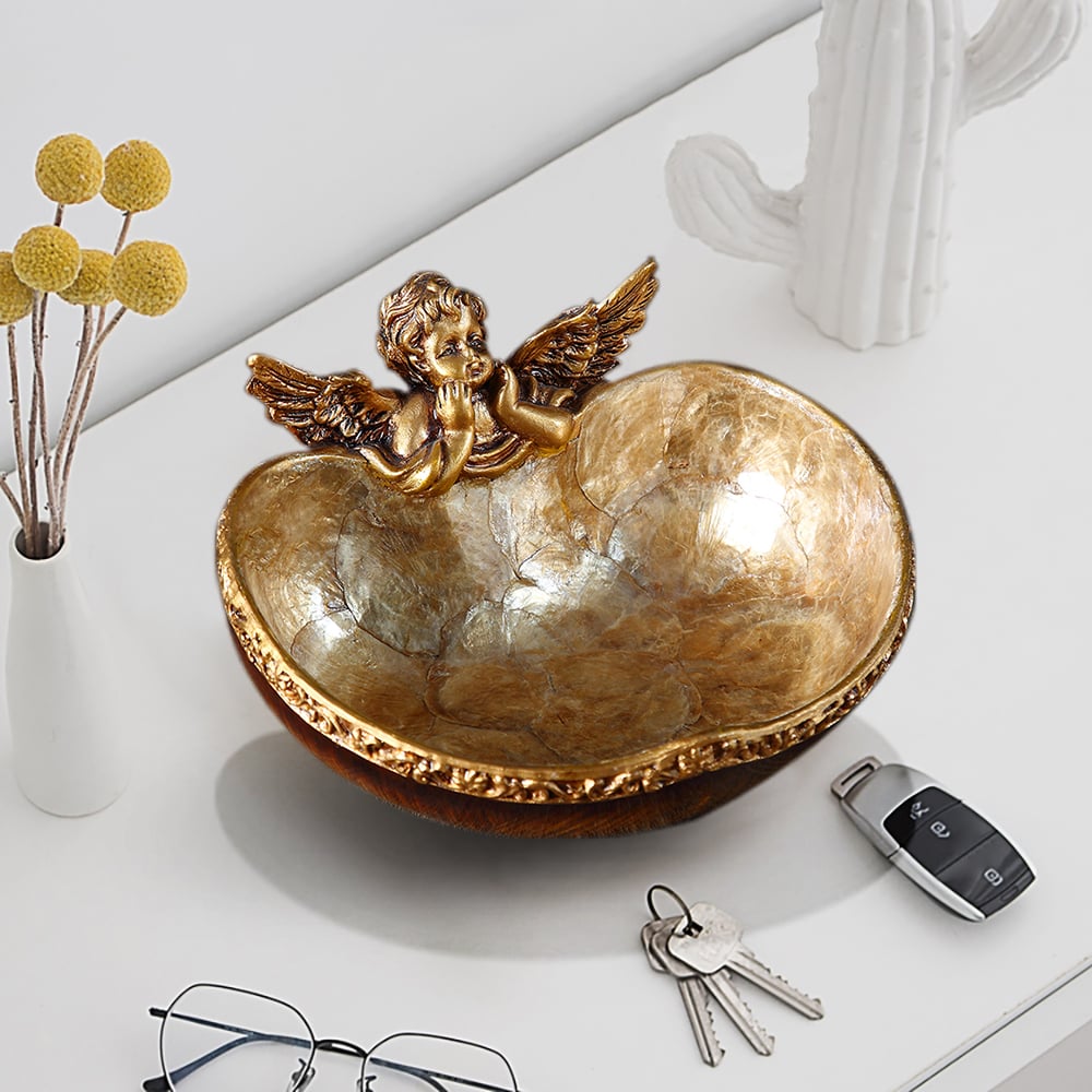 Questions et Réponses pour Plateau de rangement décoratif Shellium en forme d'ange en bronze vintage