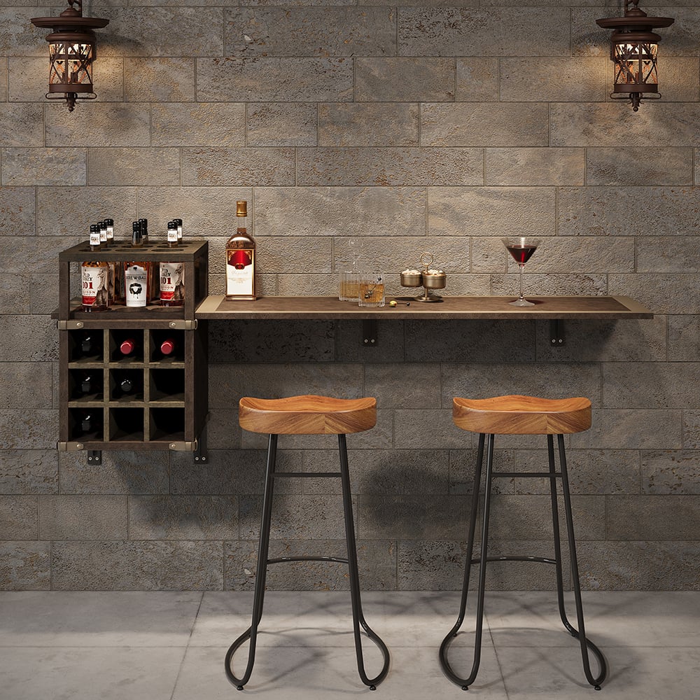 Questions and Answers for 1805mm Wall Mounted Bar Table with Wine Bottle Storage Brown Faux Leather Wood Pub Table