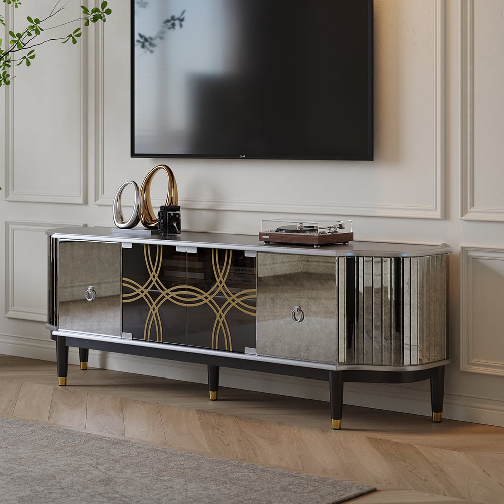 Perguntas e respostas para Suporte de TV com espelho antigo preto e prateado moderno de 70,8", portas de vidro