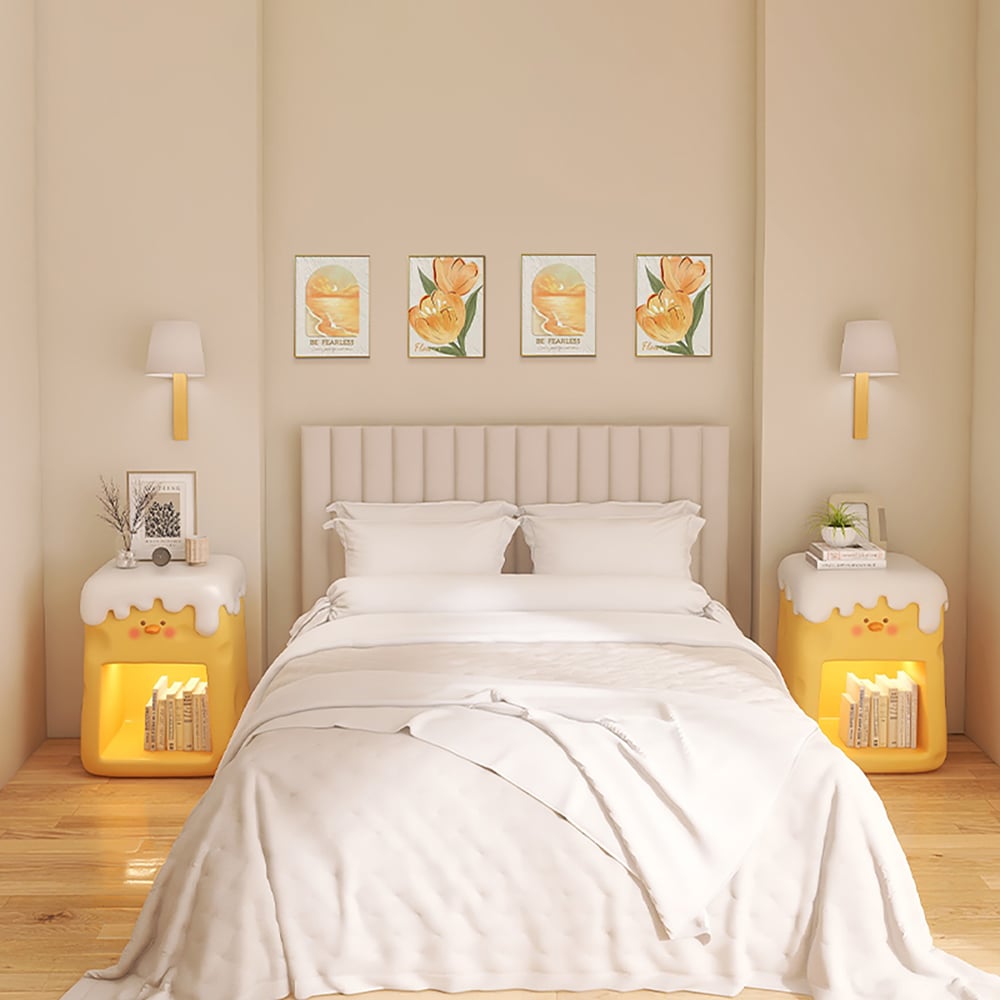 Otázky a odpovědi pro Roztomilý dětský inteligentní noční stolek se světlem a policí Žlutý kachní noční stolek s úložným prostorem