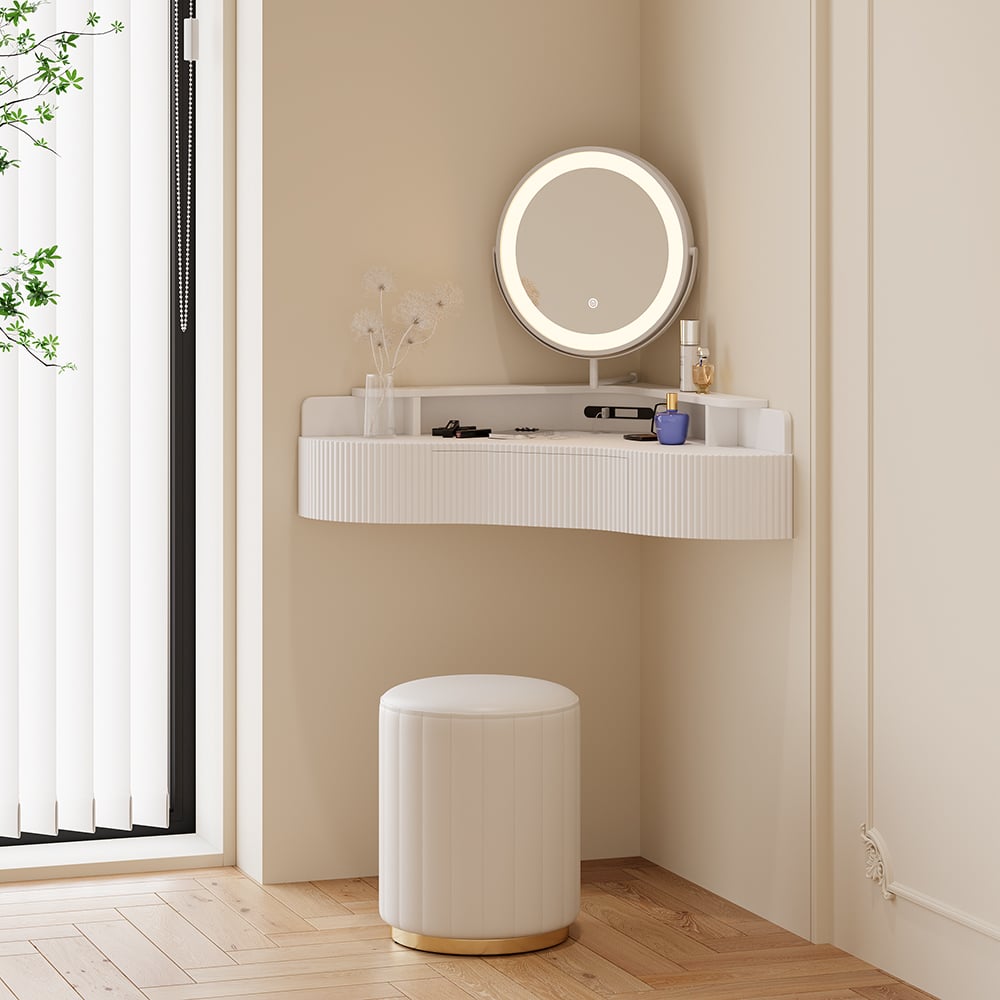 Questions and Answers for Modern Corner Floating Small Makeup Vanity Set Dressing Table with Mirror & Stool