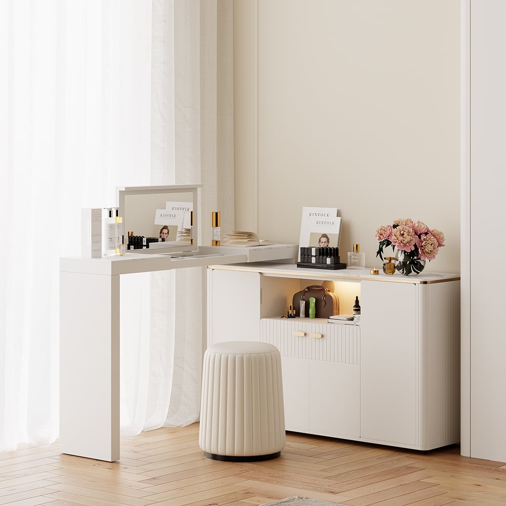 Questions and Answers for Modern White Dresser Vanity Set Dressing Table with Mirror & Light & Stool