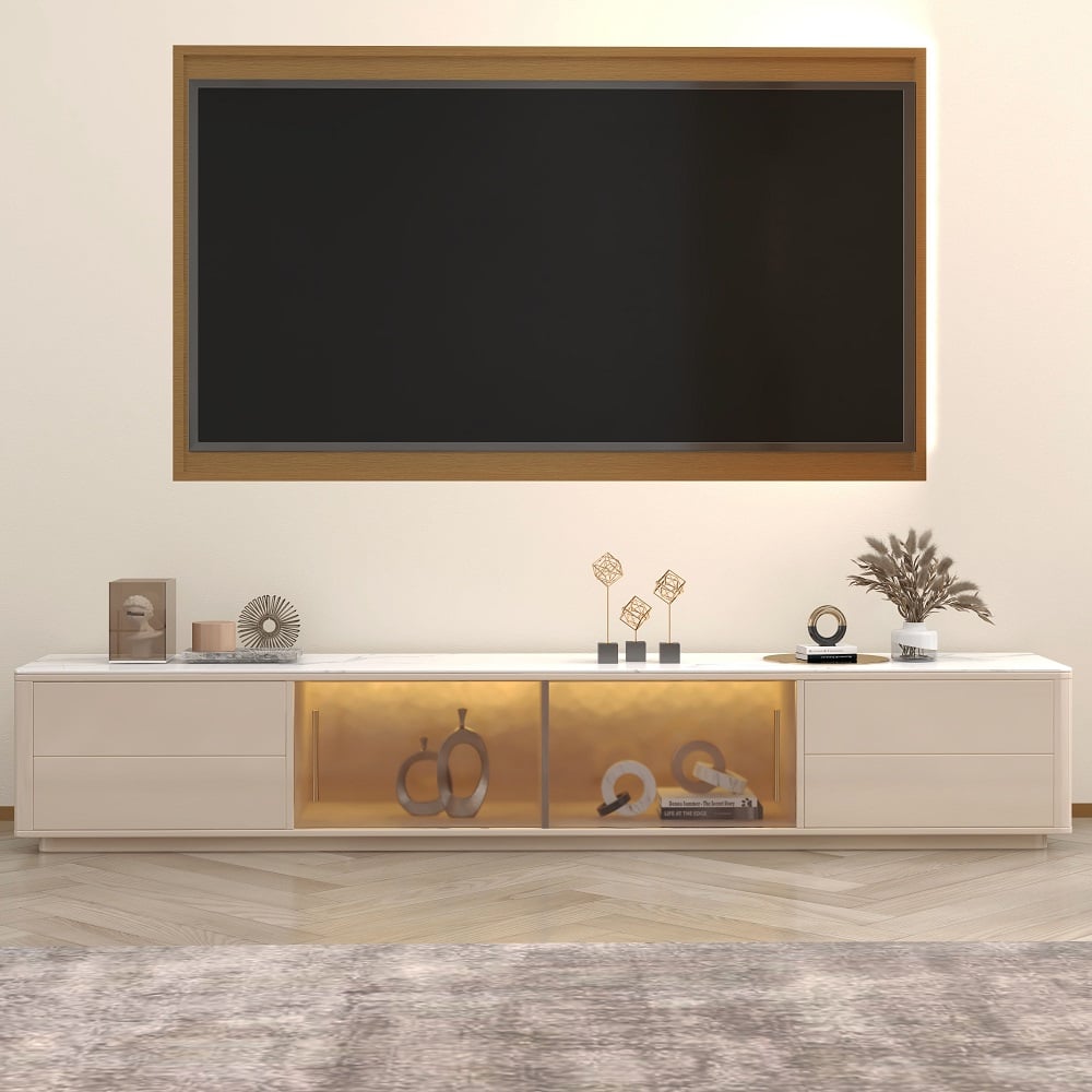 Questions and Answers for 2200mm White Wood Rectangle TV Stand Sintered Stone Top 4-Drawer Glass Doors Cabinet