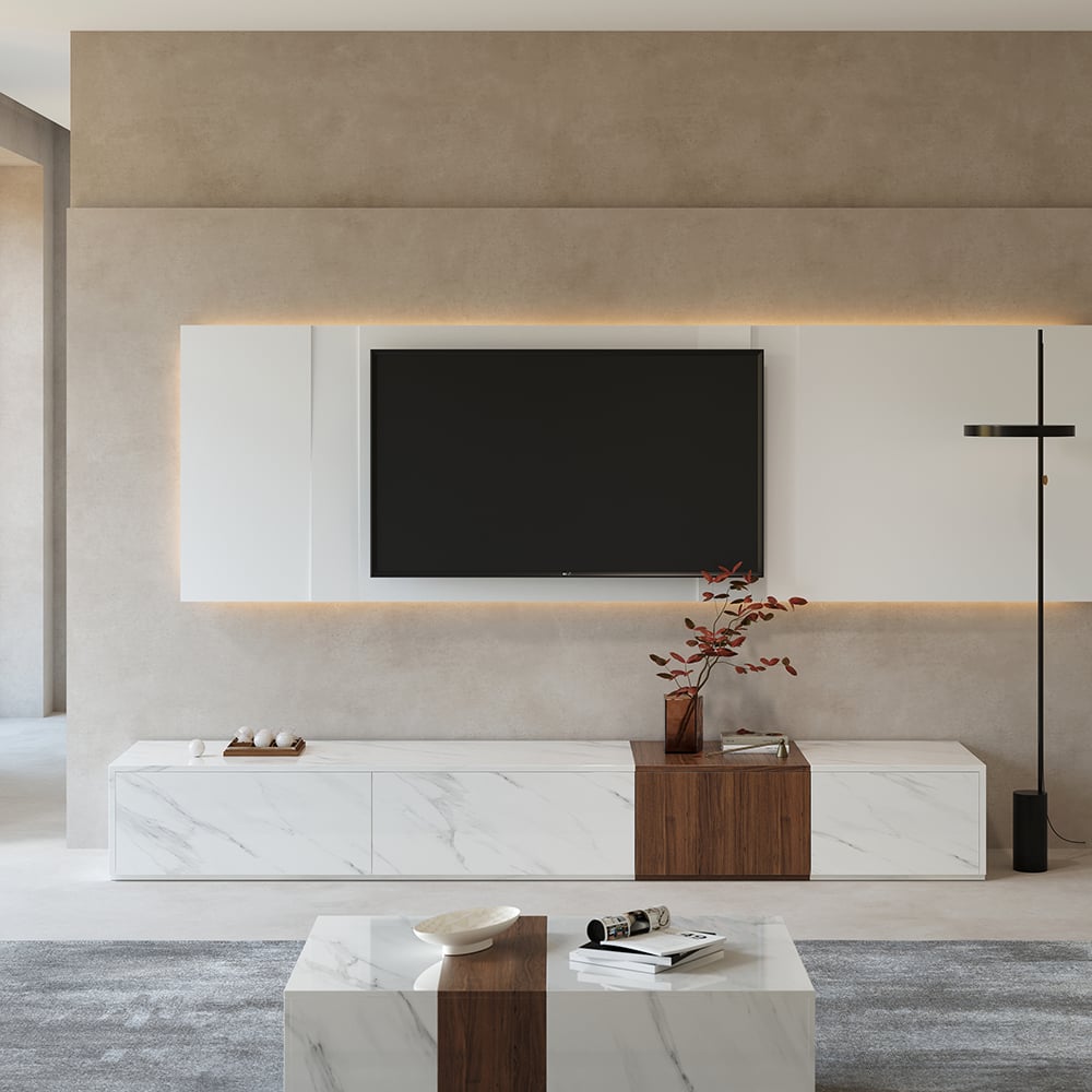 Customer Reviews for Vewal Modern Wood Block TV Stand Marble & Walnut Veneer in White with 4 Drawers